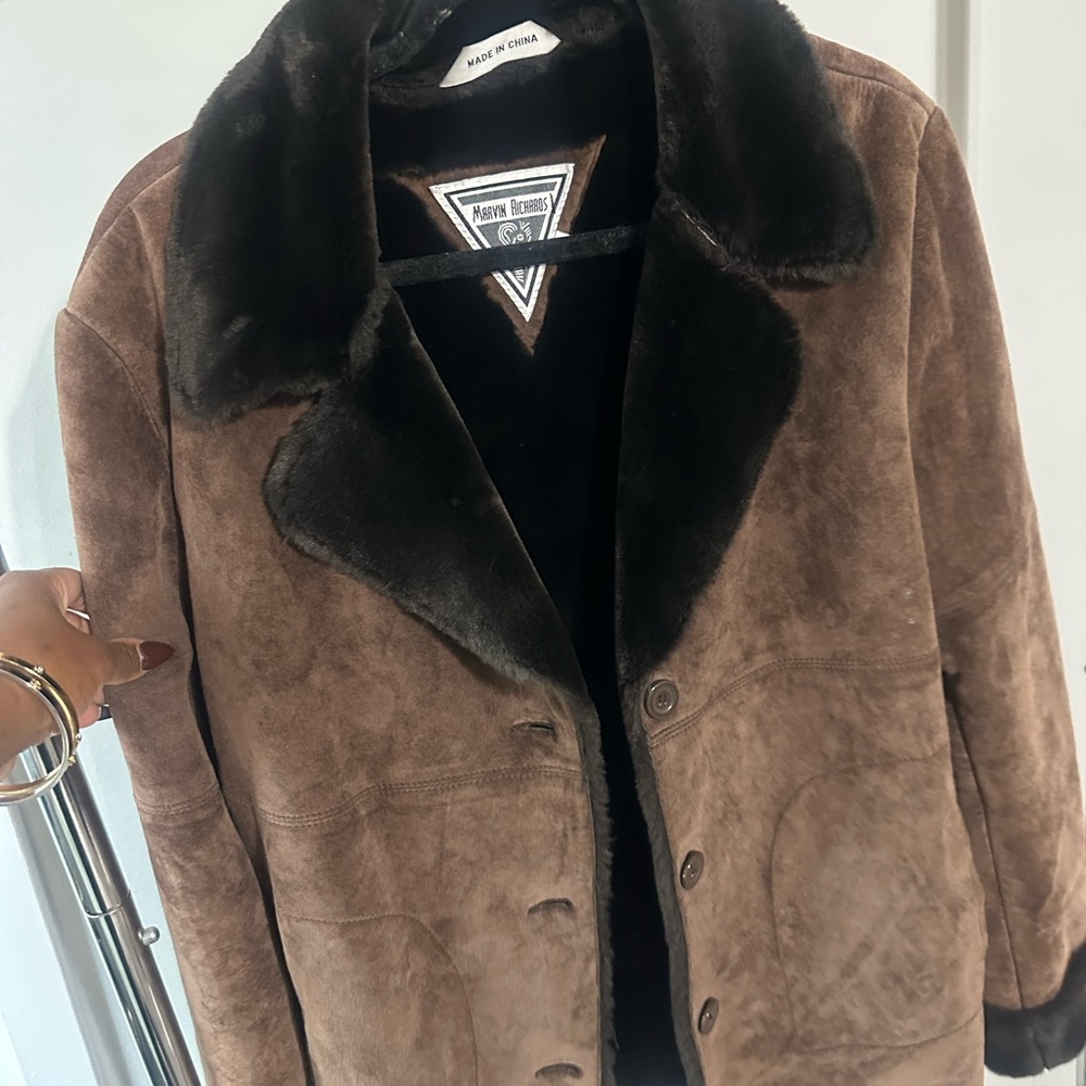 Marvin Richards Brown Teddy Suede Jacket with Brown Faux Fur Collar